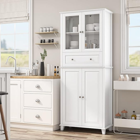 76'' Kitchen Pantry Storage Cabinet, Freestanding Kitchen Cupboard with Large Drawer, Doors, and Adjustable Shelves, Bathroom Storage Cabinet for Dining Room, Living Room, Laundry, White-CasaMuseHome