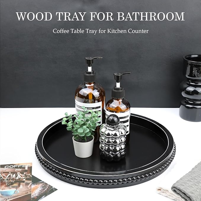 Round Black Wood Serving Tray with Beads, Wooden Decorative Tray for Entertaining, Decoration, and Gifting,-CasaMuseHome