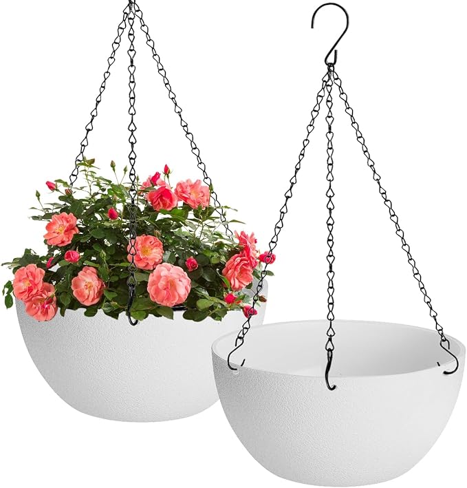 13 inch Hanging Planters for Indoor Plants, 2 Pack Planters for Outdoor Plants with Drainage Holes and Chain, Round Plastic Hanging Baskets, Hanging Flower Pots for Balcony Garden Decor-White-CasaMuseHome