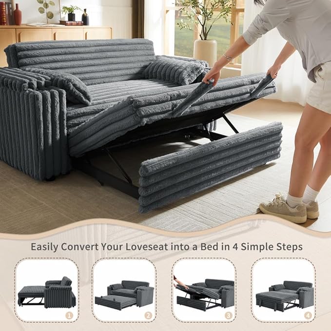 68.11" Corduroy Convertible Sofa Bed with USB Charging Port, Foldable Sleeper Chair with Pillows & Armrests, 3-in-1 Floor Couch for Living Room, Bedroom, Guest Room – Dark Gray-CasaMuseHome