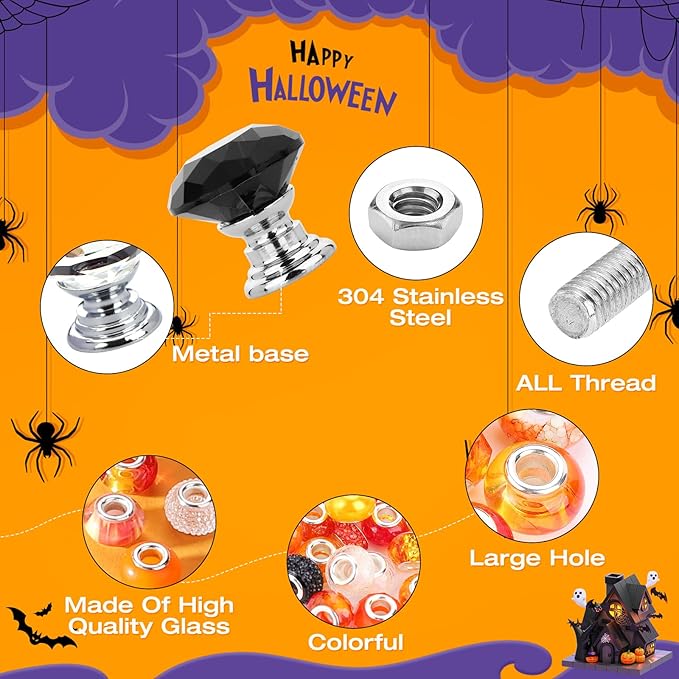 358PCS Halloween Beaded Garden Stakes, DIY Halloween Fairy Wand Garden Stake Decorative Kit with 12 in or 10 in Threaded Rod, Crystal Top, Large Holes Bead, Pendant for Outdoor or Indoor Decoration-CasaMuseHome