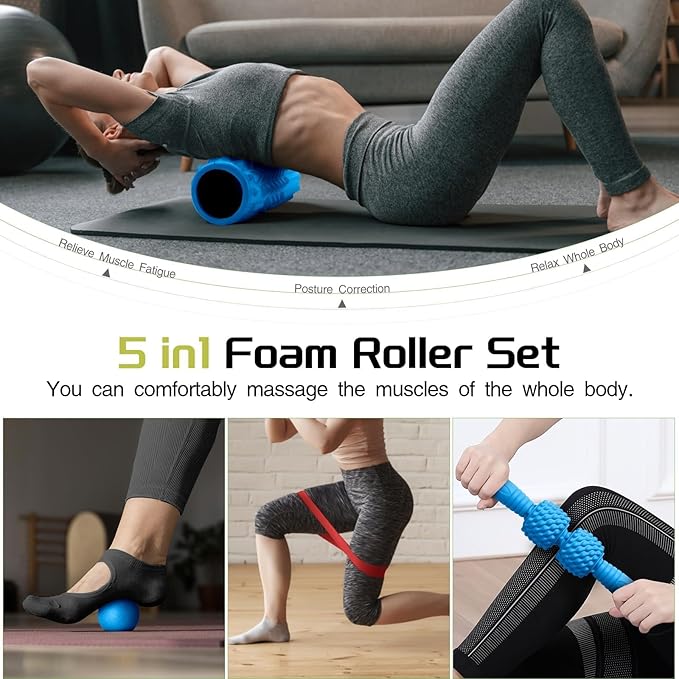 5-in-1 Foam Roller Set, Massage Roller Stick, Massage Ball, Resistance Band for Deep Muscle Massage, Trigger Point Release, Pilates, Yoga (Blue)-CasaMuseHome