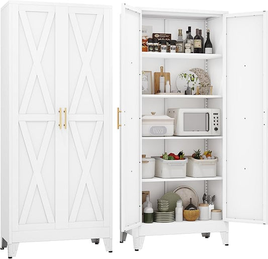 71" H Metal Kitchen Pantry Storage Cabinet, Freestanding Cupboard with 2 Doors and 4 Adjustable Shelves, Standing Storage for Kitchen, Bathroom, Garage, Dinning Room or Utility Room（White）-CasaMuseHome