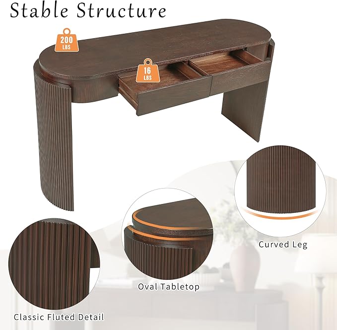 55" Sofa Table with Oval Top and 2 Drawers, Entryway Console Table with Fluted Design for Hallway,Foyer,Entry and Living Room (Fully Assembled-Espresso)-CasaMuseHome