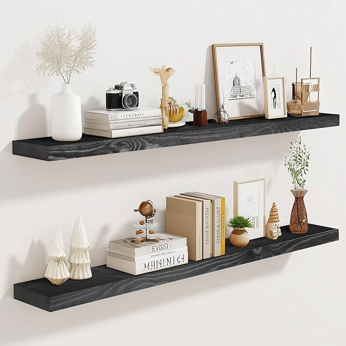 36"x6.8"x1.2" Solid Wood Floating Shelves 2-Pack - Rustic Black Finish with Hidden Brackets, Perfect for Storage and Décor in Living Room, Kitchen, Bedroom-CasaMuseHome