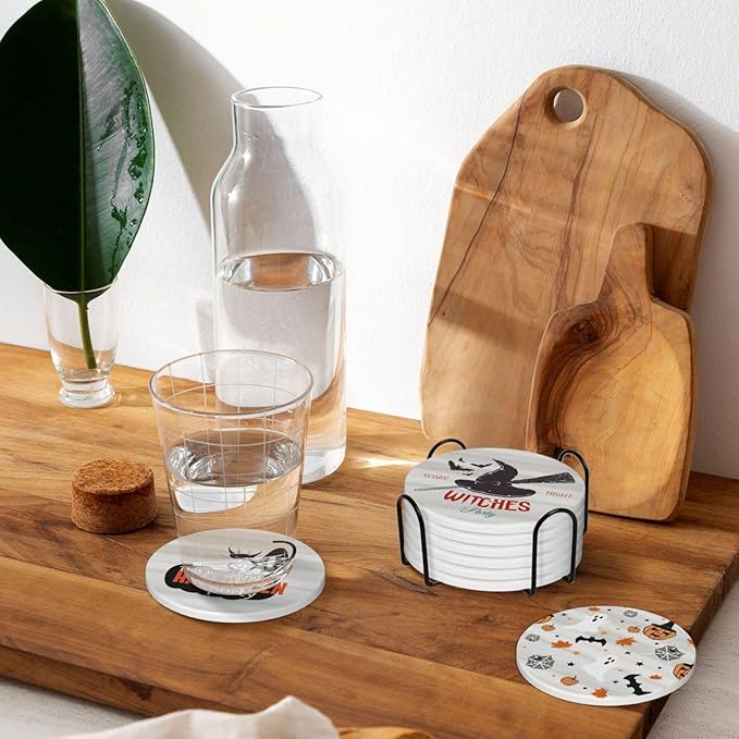 6 PCS Halloween Coasters with Metal Holder and Cork Base Ceramic Drink Coasters Absorbent Cup Mat Non-Slip for Home Kitchen Office Table Decor, 4 Inch Halloween 1-CasaMuseHome