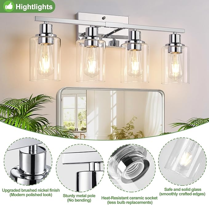 4 Light Bathroom Light Fixtures, Chrome Vanity Lights with Clear Glass Shades, Modern Bathroom Light Fixtures Over Mirror, Modern Bathroom Wall Lamp for Mirror Living Room Cabinet-CasaMuseHome