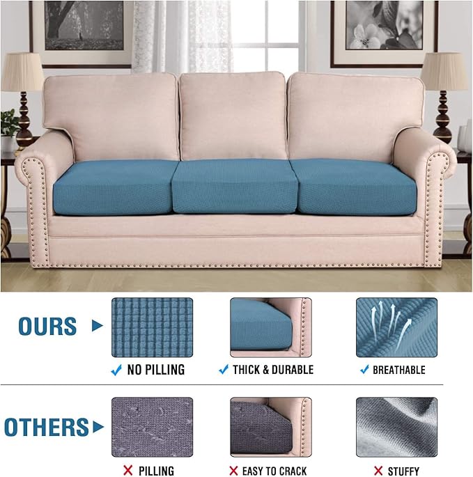H.VERSAILTEX Super Stretch Individual Seat Cushion Covers Sofa Covers Slipcover Sets Thick Jacquard Textured Twill Fabric (3 Piece, Dusty Blue)-CasaMuseHome