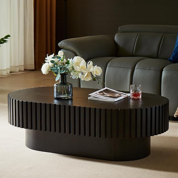 43.7" Oval Coffee Table for Living Room,Modern Handcraft Drum Coffee TableSmall Wooden Coffee Table with Sturdy Pedestal Easy Assembly for Office-Black-CasaMuseHome