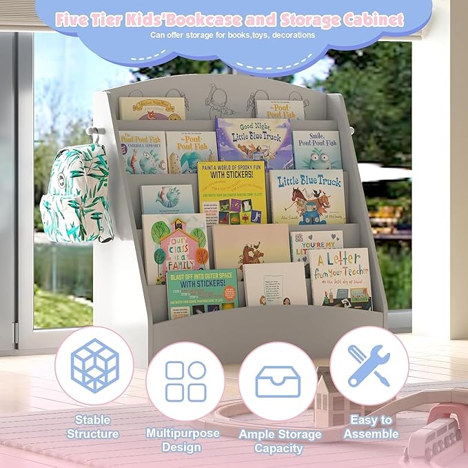 5-Tier Kids Bookshelf Montessori Toddler Book Rack Baby Bookcase Floor Front Facing Magazine Display Shelf for Bedroom Playroom Nursery Classroom Kindergarten Wood (Gray)-CasaMuseHome