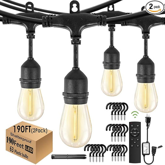 190FT Remote Controlled Outdoor String Lights Patio String Lights for Outside, 60+3 Shatterproof S14 Warm Lights String Outdoor for Bistro Café Gazebo Backyard, Linkable, 2 Pack-CasaMuseHome