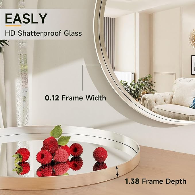 24 Inch Round Bathroom Mirror - Wall Mounted Circle Mirror with Metal Frame, Modern Mirror Suitable for Bathroom, Vanity, Entryway, Living Room, Wall Decor,Silver-CasaMuseHome