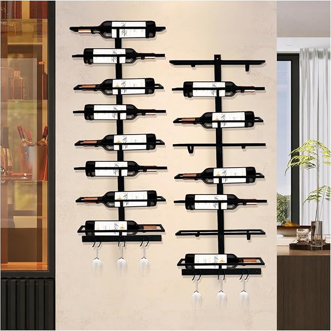 16 Bottle Wall Mount Wine Rack with Wine Glass Holder, Metal Wine Wall Rack, Wall Racks for Wine Bottles Display and Storage, Hanging Bottle Organizer for Living Dining Room Wine Cellar Bar (Black)-CasaMuseHome