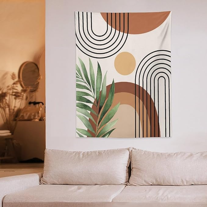 Abstract Bohemian Mid Century Tapestry, Tropical Leaves Modern Geometric Archway Minimalist Bohemian Botanical Aesthetic Wall Hanging, Sage Green Gold Home Decor Art for Bedroom 60x80 Inch-CasaMuseHome