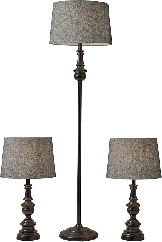 Adesso 3-Piece Lamp Set: Two Table Lamps & One Floor Lamp – Bronze Finished Base, Dark Herringbone Shade, Stylish and Cohesive Lighting for Any Space-CasaMuseHome