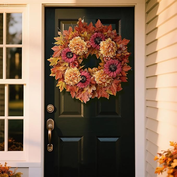 28'' Large Fall Wreath for Front Door, Porch, Window- Artificial Maple Leaves Faux Sunflower Hydrangea Pumpkins Outdoor Autumn Wreath for Home, Farmhouse Wall Thanksgiving Day Harvest Festival Decor-CasaMuseHome