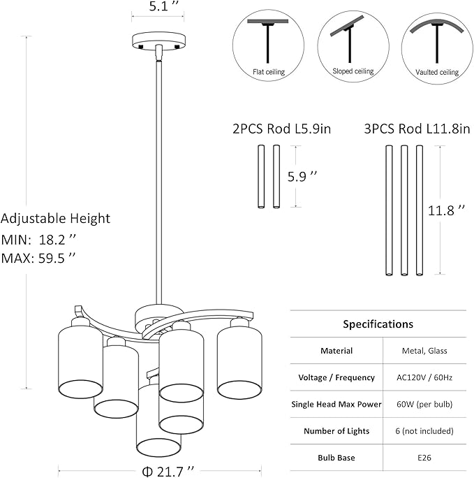 6-Light Brushed Nickel Chandeliers for Dining Room Light Fixtures Over Table, Adjustable Height Hanging Industrial Pendant Lighting for Kitchen Island Bedroom, Clear Glass Shade-CasaMuseHome