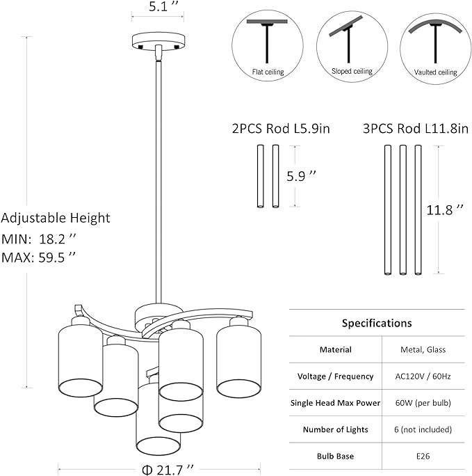 6-Light Gold Chandeliers for Dining Room, Modern Kitchen Island Light Fixtures Over Table, Metal Hanging Pendant Lighting for Living Room Stairwell Entryway Bedroom, Clear Glass Shade-CasaMuseHome