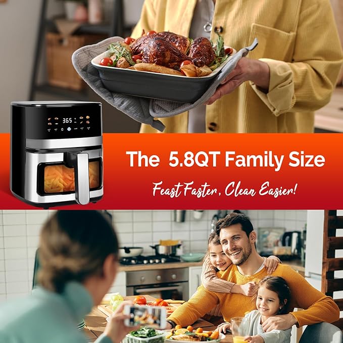 5.8QT Digital Air Fryer with Viewable Window, Adjust Temp & Timer, Air Frying, Reheat, Easy for Frozen Food, Snacks, Dinner, Large Square Basket than Round, Portable for Family & Apartment-CasaMuseHome