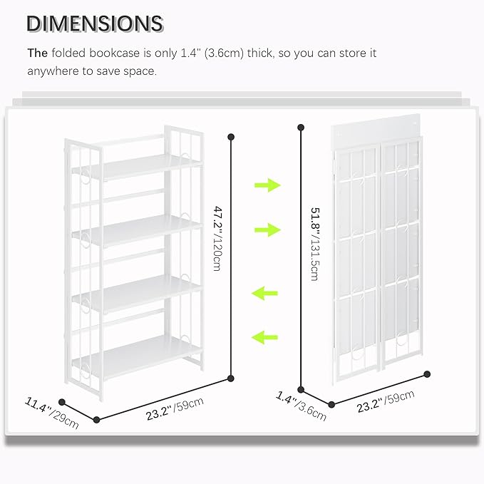 4NM No Assembly 4 Tiers Folding Bookshelf, 47.2" H Foldable Storage Shelves Vintage Bookcase Standing Racks Study Organizer Home Office - All White-CasaMuseHome