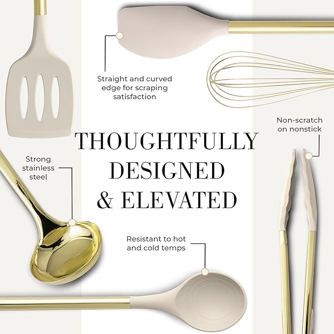 7-Piece Beige & Gold Kitchen Utensils Set – Non-Toxic Silicone & Stainless Steel Tools for Cooking, Serving, & Hosting – Ideal for Nonstick Cookware & Modern Kitchens, with Gold Utensil Holder-CasaMuseHome