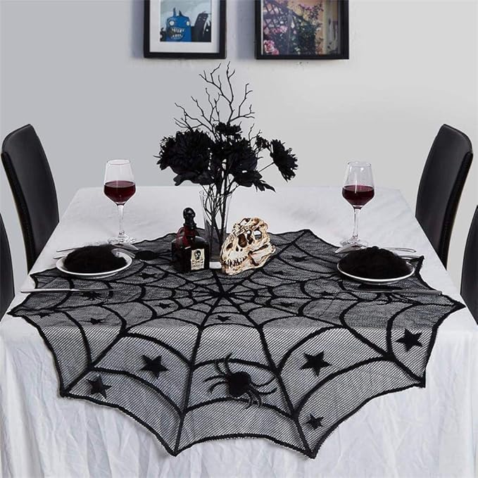40 Inch Round Spider Web Lace Table Topper Black Halloween Spider Web Tablecloth Party Decoration-CasaMuseHome