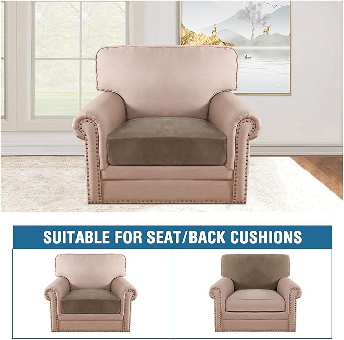 H.VERSAILTEX Velvet Stretch Couch Cushion Cover Plush Cushion Slipcover for Chair Cushion Furniture Protector Seat Cushion Sofa Cover (1 Piece Armchair Cushion Covers, Mocha)-CasaMuseHome