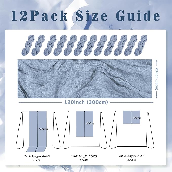 12 Pack Dusty Blue 10FT Cheesecloth Table Runner Rustic Gauze Fabric Cheese Cloth Table Runner for Wedding Bridal Baby Shower Table Decor 20 x 120 Inch Long Boho Sheer Birthday Party Table Decorations-CasaMuseHome