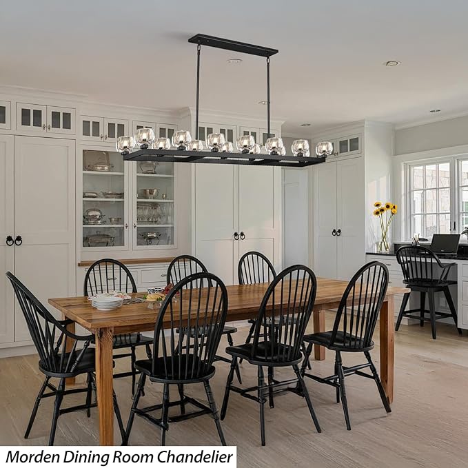 72 Inch Black Rectangle Wagon Wheel Chandeliers, Chandelier for Dining Room Over Table, Modern Crystal Long Chandelier for High Ceiling, Farmhouse Large Linear Chandeliers for Kitchen Island-CasaMuseHome