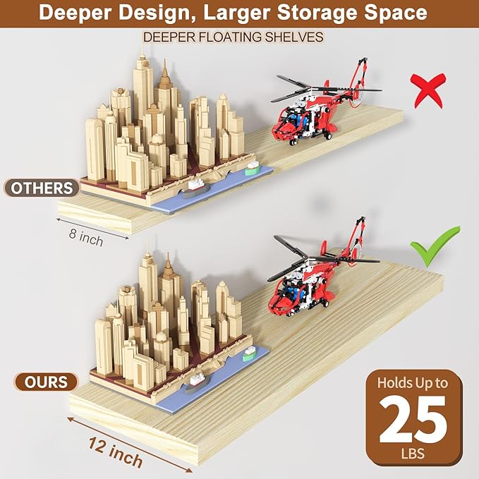 12 Inch Deep Floating Shelves for Wall 1 Pack Floating Shelves Large Storage Space Wall Mount Shelf for Living Room Kitchen Bathroom 24" W x 12" D x 1.2" H Oak-CasaMuseHome
