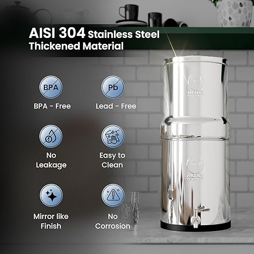 3.25 Gallons NSF Certified AISI 304 Stainless Steel Water Filter with 2 Smart Carbon (Black) Filters, 2 POSTreat Steel Fluoride Removal Elements & Free Stainless Steel Spigot-CasaMuseHome