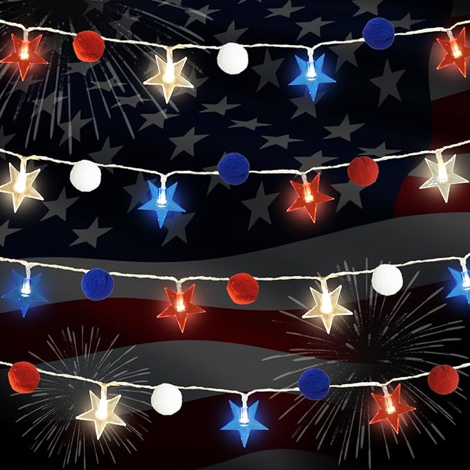 4th of July Decorations 9.85FT Red White and Blue Star String Lights Pom Pom Star Lights Battery Operated with Timer Fairy Lights for Independence Day Memorial Patriotic Fourth of July Decor for Home-CasaMuseHome