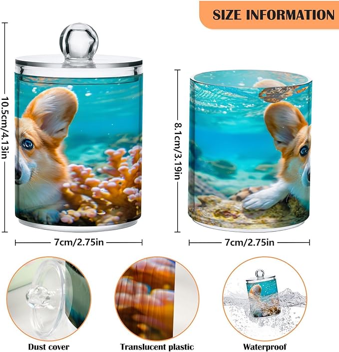 2 Pack Qtip Holder Organizer Dispenser Corgi Dog Underwater Bathroom Storage Canister Cotton Ball Holder Container for Cotton Pads/Swabs/Floss-CasaMuseHome