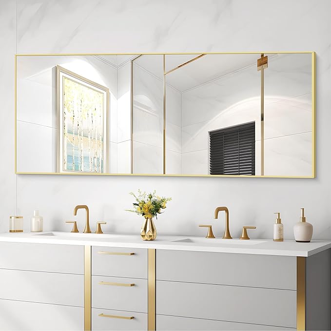 30x72inch Bathroom Mirror, Gold Rectangle Mirror with Thin Metal Frame, Large Rectangular Wall Mirrors for Bathroom, Living Roomm, Hair Salon, Big Farmehouse Mirror Hang Horizontal/Vertical-CasaMuseHome