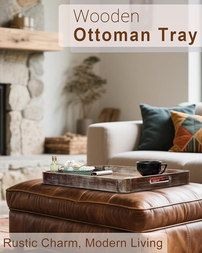 22 Inch Rustic Wood Serving Tray with Handles, Large Rectangular Wooden Ottoman Tray, Beautiful Home Décor for Living Room Coffee Table Couch, Ideal for Serving Food Breakfast BBQ Parties-CasaMuseHome