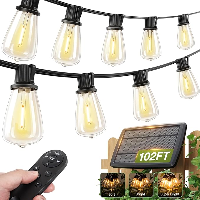 addlon 102(96+6) FT Solar String Lights Waterproof,Patio Light Solar Powered with Remote & USB Port 3 Modes, 30+2 LED Shatterproof Bulbs Outdoor Lighting for Camping Backyard Garden-CasaMuseHome
