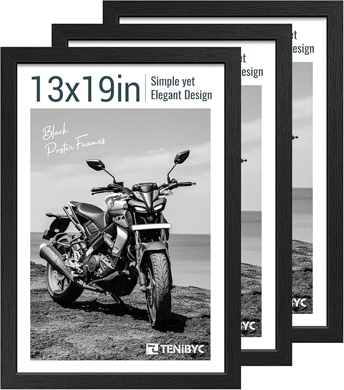 13x19 Picture Frame 3 pk, Textured Black Solid Wood Poster Frame, HD Tempered Glass, Wall Gallery Frame-CasaMuseHome