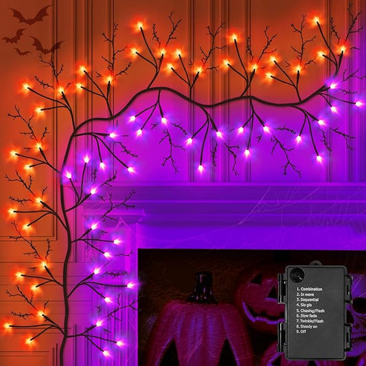 7 Ft Halloween Decorations Willow Vine Twig Garland with 8 Modes Timer 63 LED Orange Purple Lights, Halloween Garland with Waterproof Battery Operated for Wall Fireplace Decorations Indoor Outdoor-CasaMuseHome