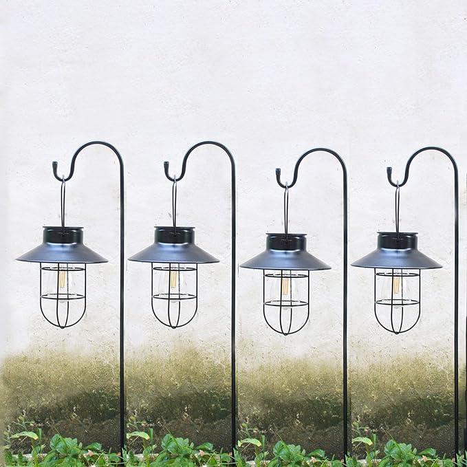 4 Pack Hanging Solar Lantern Lights with Shepherd Hook, Metal Waterproof Warm White Edison Bulb Lights for Garden Outdoor Pathway-CasaMuseHome
