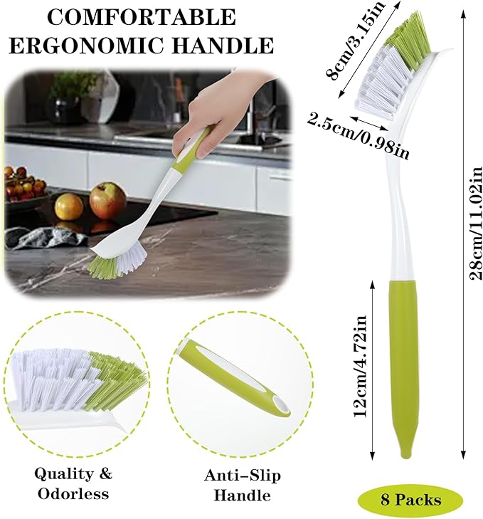 8 Pcs Dish Brush with Handle Kitchen Scrub Brush Pot and Pan Cleaning Brush Dish Scrubber with Stiff PET Bristles for Cookware Sink Washing Household, Green, 11 x 3.1 x 0.98 Inch-CasaMuseHome