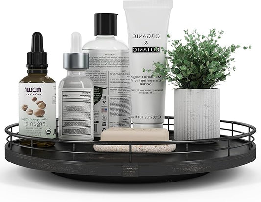 12" Oak Bathroom Vanity Tray Turntable for Perfume Candle, Round Wooden Decorative Tray for Kitchen Sink Countertop Organizer, Bathroom Counter Organizer for Skincare Makeup, Farmhouse Black Gold-CasaMuseHome
