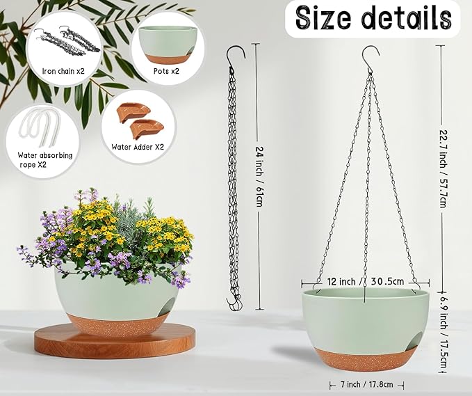 2 Pack 12 Inch Large Hanging Planters with Chains Self Watering Green Brown Plastic Hanging Pots for Indoor Outdoor Plants, Garden Porch Home Decor，Green Brown-CasaMuseHome