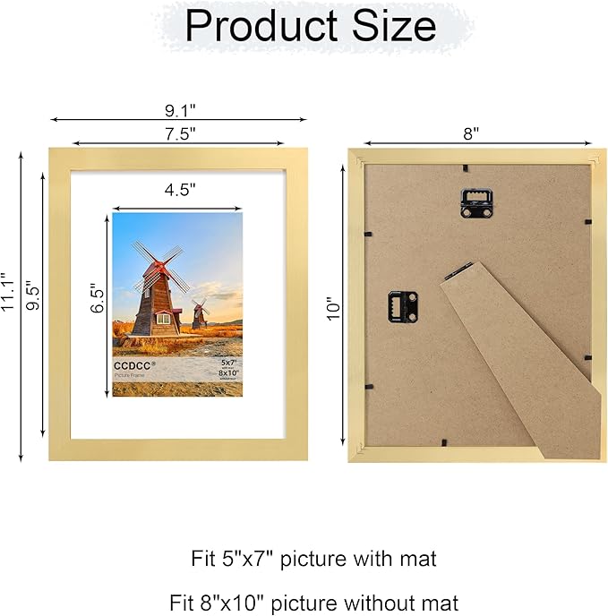 8x10 Picture Frame Set of 4, 8 x 10 Wood Photo Frames with Mat for 5x7, Wooden Frame with Real Glass Cover for Wall and Tabletop Display,Gold-CasaMuseHome