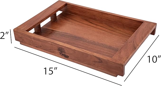 Acacia Wood Serving Tray with Handles – 15x10x2 Inch Decorative Tray for Breakfast in Bed, Dinner, Appetizers, Coffee Table, BBQ, Patio & Party – Perfect for Lap & Couch Use-CasaMuseHome