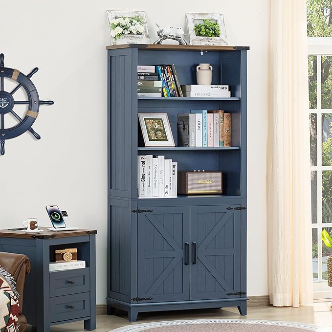 70in Tall Bookshelf 5 Tier Bookcase with Barn Doors and Adjustable Shelves, Blue Farmhouse Book Shelf with Storage Cabinet, Wood Freestanding Display Bookshelves for Bedroom, Living Room-CasaMuseHome