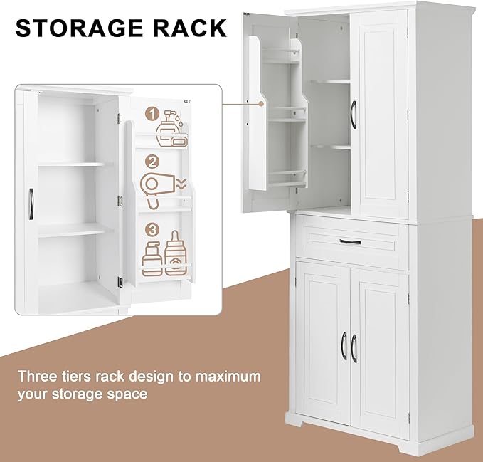 72.2" Tall Storage Cabinet with 4 Doors and Drawer, Freestanding Linen Cabinet, Wooden Pantry with Adjustable Shelf for Kitchen, Bathroom, Living Room White-CasaMuseHome