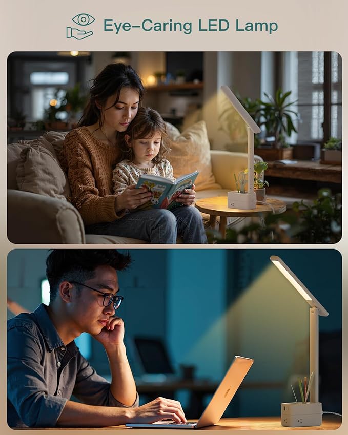 Addtam LED Desk Lamp with Pen Holder, Study Lamps with 3 Outlets 4 USB Charging Ports(2 USBC), 3 Color Modes Desk Light Touch Lamp, Small Desk Lamps for Home Office College Dorm Room Essentials-CasaMuseHome