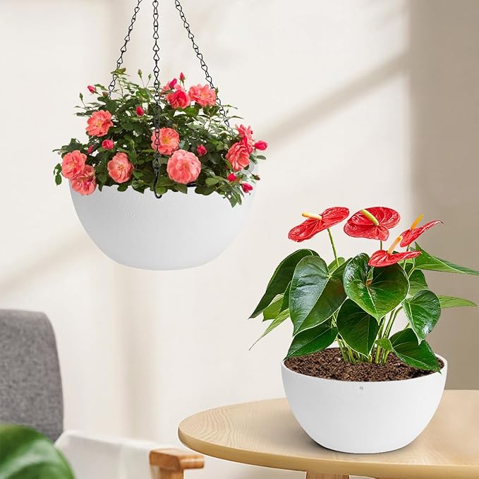 13 inch Hanging Planters for Indoor Plants, 2 Pack Planters for Outdoor Plants with Drainage Holes and Chain, Round Plastic Hanging Baskets, Hanging Flower Pots for Balcony Garden Decor-White-CasaMuseHome