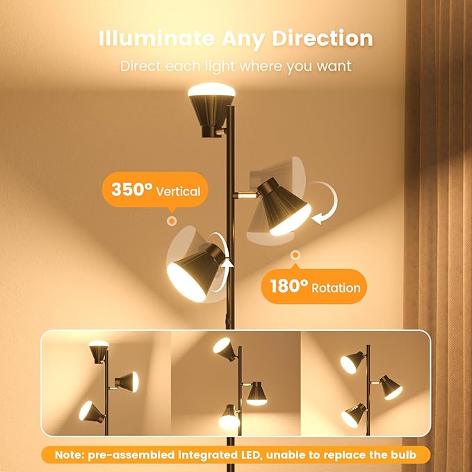 36W LED Tree Floor Lamp, Dimmable Tall Standing Lamp with Remote & Touch Control, 4 Color Temperatures Bright Floor Lamp, 3 Rotatable Light Modern Floor Lamps for Living Room Bedroom Office-CasaMuseHome