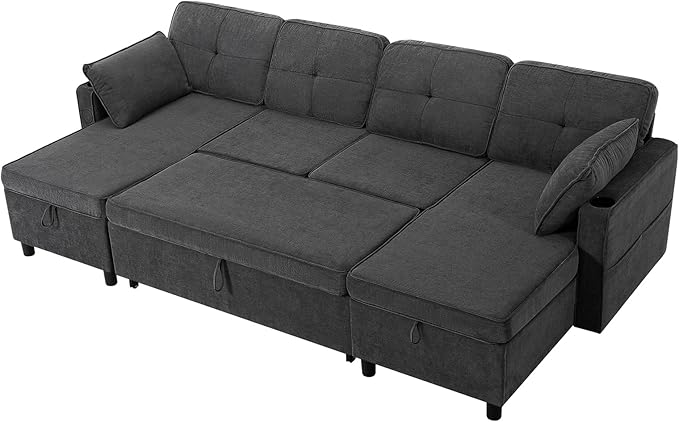 110 Inches Chenille Sectional Sofa w/Adjustable Back & Pull Out Sofa Bed, Tufted U Shaped Couch w/Two Storage Chaises, Sleeper Sectional Sofa w/USB Port & Cup Holders for Living Room, Grey-CasaMuseHome